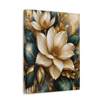 Floral Magnolia Canvas Art — Neutral Gold & Teal Stretched Wall Decor