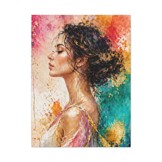 Abstract Woman Portrait Canvas Art – Colorful Textured Stretched Matte Print