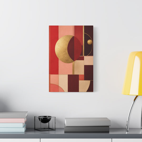 Abstract Geometric Moon Canvas Print — Red & Gold Modern Wall Art