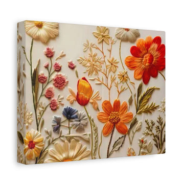Floral Embroidery Garden Canvas Print — Orange & Cream Stretched Wall Art