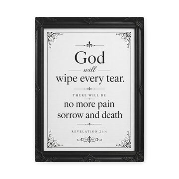 Religious Canvas Wall Art — “God Will Wipe Every Tear” Inspirational Scripture Print (Revelation 21:4)