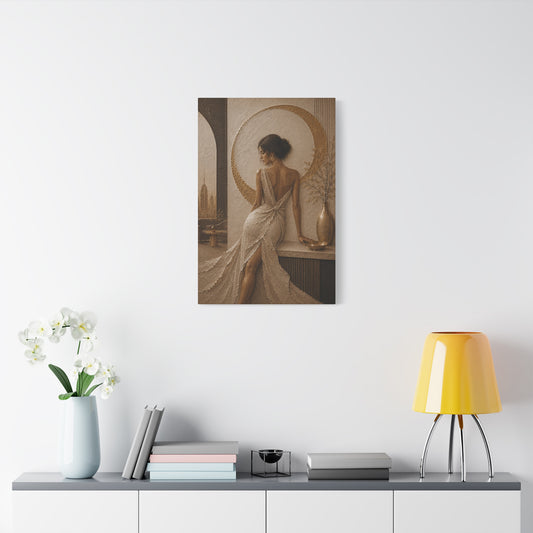 Elegant Woman in Gown Matte Canvas Wall Art — Vintage Gold Decorative Print