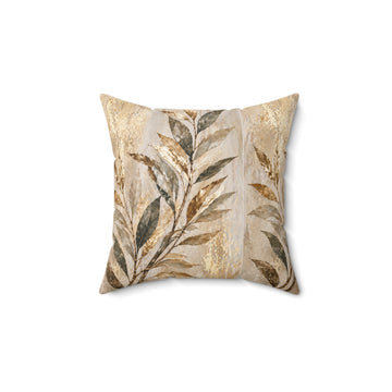 Botanical Gold Leaf Pillow — Neutral Abstract Floral Decorative Throw Pillow