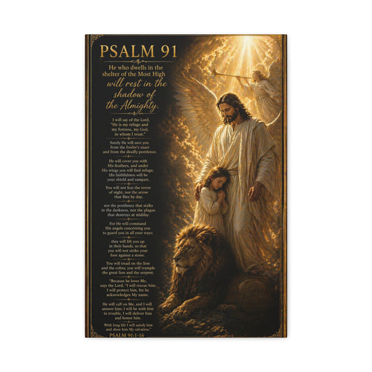Psalm 91 Canvas Wall Art — Guardian Angel Jesus with Lion, Inspirational Scripture Print