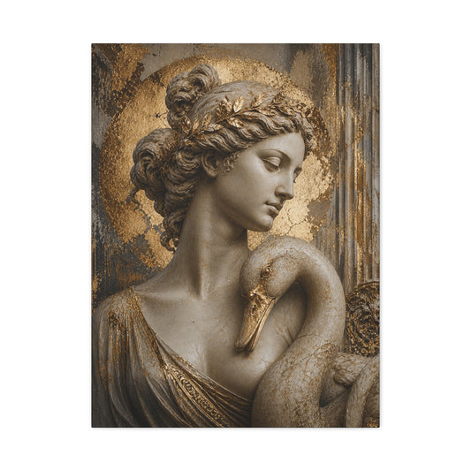 Classical Goddess & Swan Matte Stretched Canvas — Gold Accented Wall Art