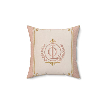 Elegant Monogram Throw Pillow — Pink & Gold Laurel Crest Decorative Pillow