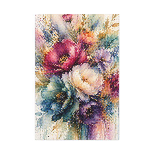Watercolor Floral Canvas Print — Colorful Bouquet Stretched Matte Wall Art