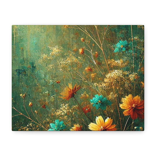 Floral Meadow Canvas Wall Art — Teal & Golden Wildflowers Matte Stretched Canvas