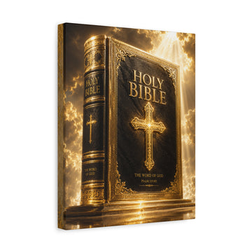Holy Bible Gold Cross Canvas Wall Art — Matte Stretched Christian Scripture Decor