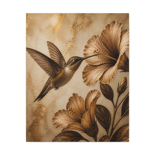 Hummingbird & Hibiscus Matte Canvas Wall Art – Gold Botanical Print
