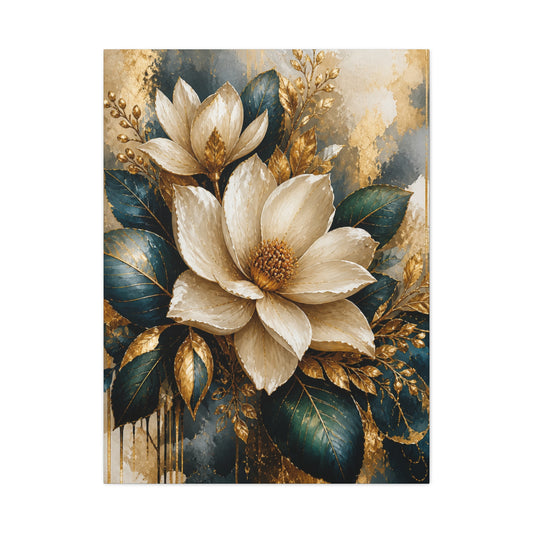Floral Magnolia Canvas Art — Neutral Gold & Teal Stretched Wall Decor