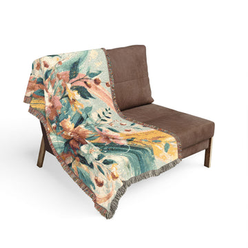 Floral Abstract Woven Throw Blanket — Boho Floral Tapestry Blanket for Living Room & Bedroom