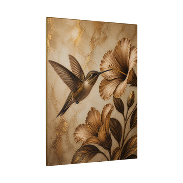 Hummingbird & Hibiscus Matte Canvas Wall Art – Gold Botanical Print