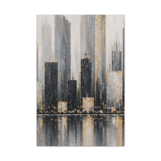 Abstract Cityscape Canvas Print — Gold & Gray Skyline Matte Stretched Art
