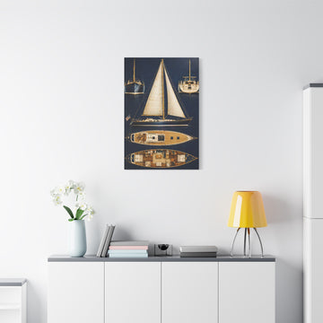 Nautical Sailboat Blueprint Canvas Wall Art — Stretched Matte Maritime Print