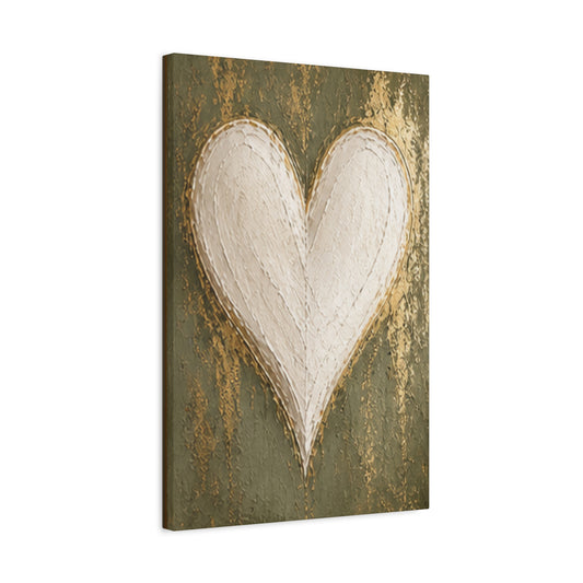 White Heart Matte Canvas Wall Art - Rustic Green & Gold Heart Painting
