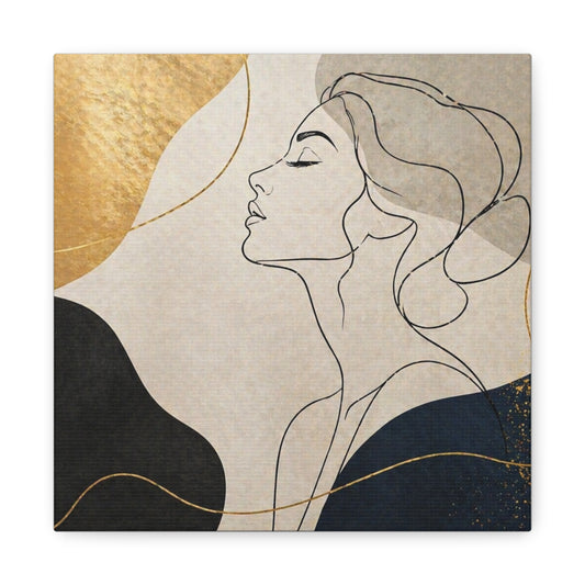 Abstract Line Art Woman Canvas — Minimalist Gold & Navy Matte Wall Art