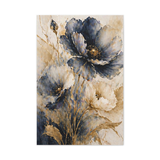 Blue & Gold Floral Canvas Wall Art — Matte Stretched 1.25"
