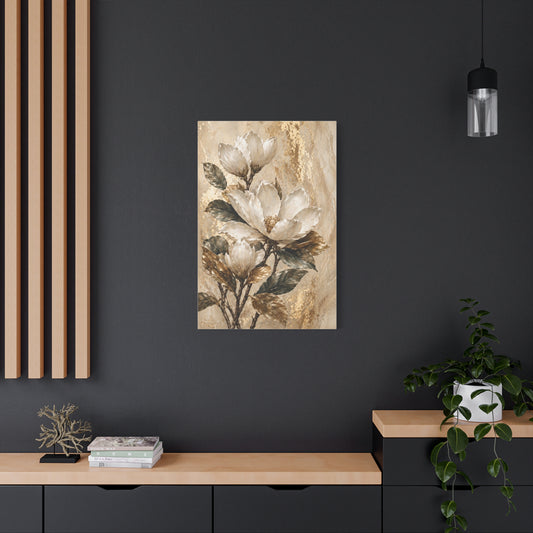 Neutral Botanical Canvas Art - Gold Magnolia Stretched Matte Print