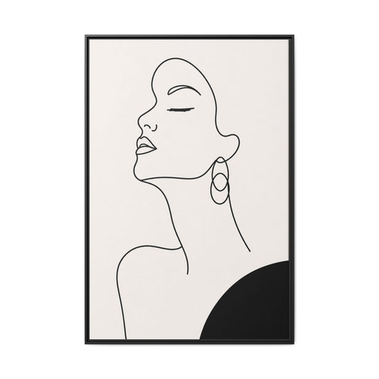 Minimal Line Art Woman Portrait - Framed Matte Canvas Wall Art