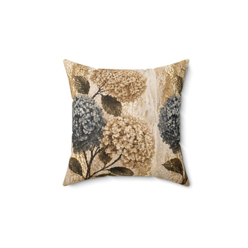 Hydrangea Floral Square Pillow — Neutral Botanical Throw Cushion