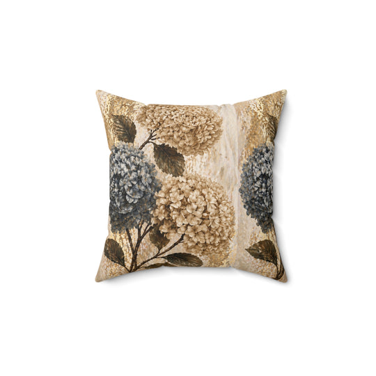 Hydrangea Floral Square Pillow — Neutral Botanical Throw Cushion