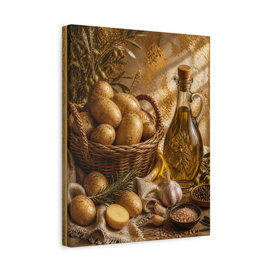 Rustic Kitchen Canvas Print – Potatoes & Olive Oil Still Life, Matte Stretched Wall Art