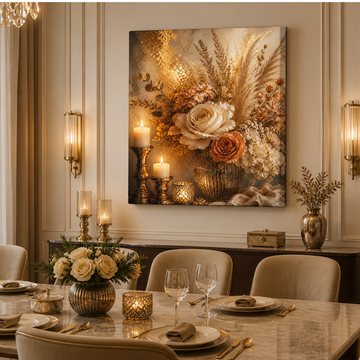 Vintage Floral Bouquet Matte Canvas Wall Art — Rustic Roses & Candles Stretched Print