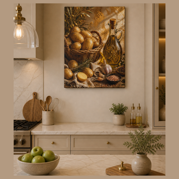 Rustic Kitchen Canvas Print – Potatoes & Olive Oil Still Life, Matte Stretched Wall Art