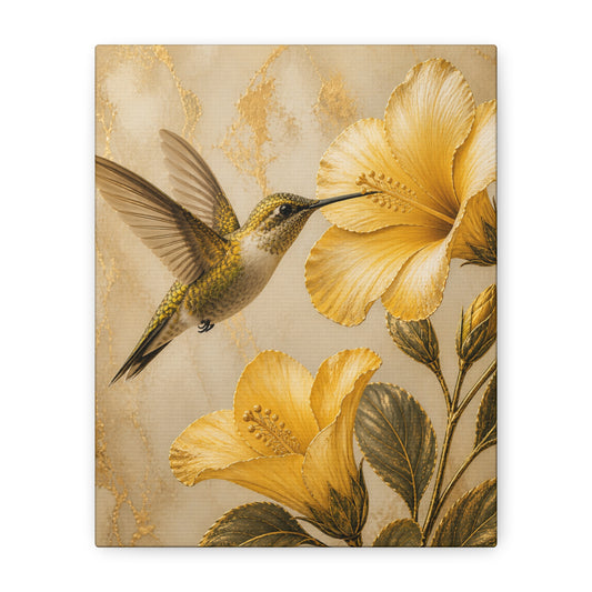 Hummingbird & Golden Hibiscus Matte Canvas Wall Art — Stretched 1.25"