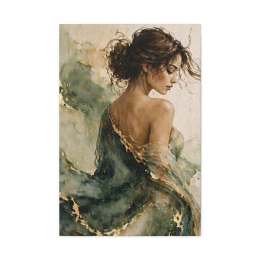 Ethereal Woman Portrait Canvas Wall Art - Green & Gold Matte Stretched Print
