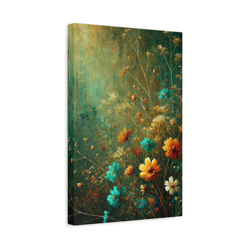Floral Meadow Canvas Wall Art — Teal & Golden Wildflowers Matte Stretched Canvas