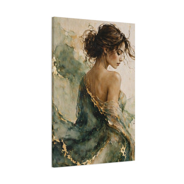 Ethereal Woman Portrait Canvas Wall Art - Green & Gold Matte Stretched Print