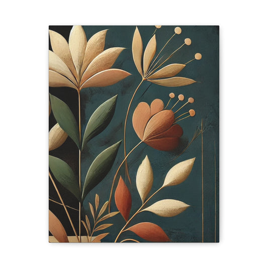 Botanical Floral Canvas Print — Teal & Gold Stretched Wall Art