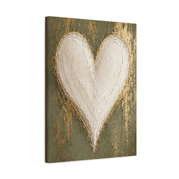 White Heart Matte Canvas Wall Art - Rustic Green & Gold Heart Painting