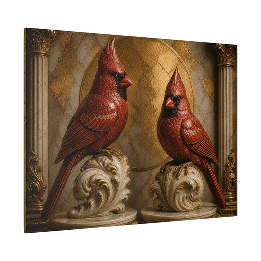 Cardinal Wall Art Canvas – Pair of Red Cardinals on Ornate Gold Pedestals
