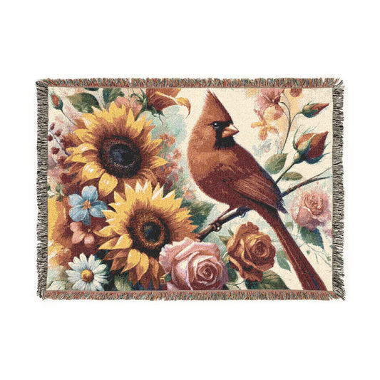 Cardinal & Sunflower Woven Blanket — Floral Nature Throw for Cozy Home Décor