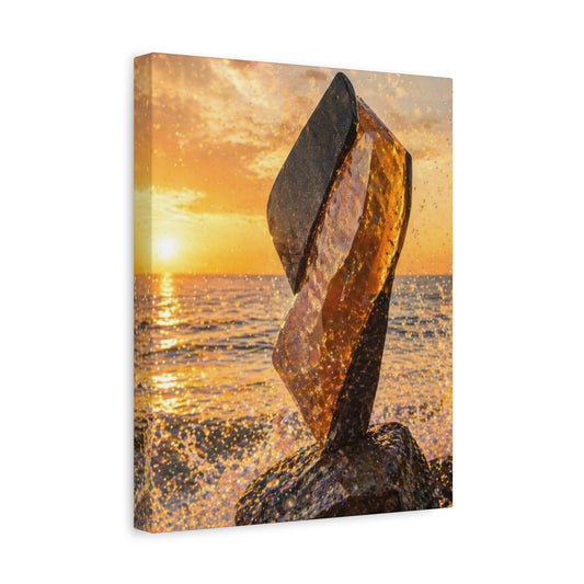 Seascape Bronze Sculpture Matte Canvas Print — Golden Sunset Coastal Wall Art