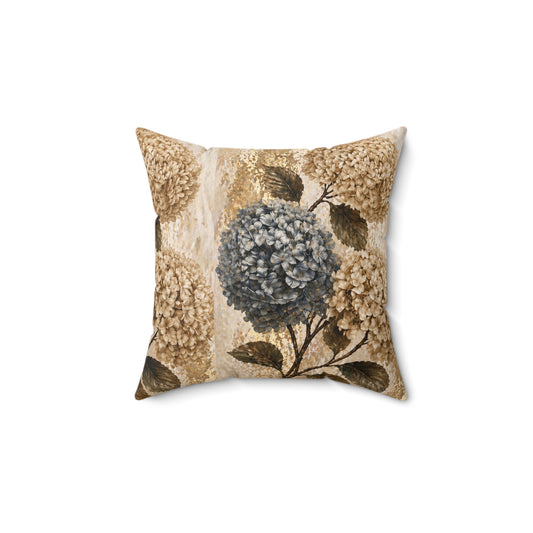 Hydrangea Floral Square Pillow — Neutral Botanical Throw Cushion