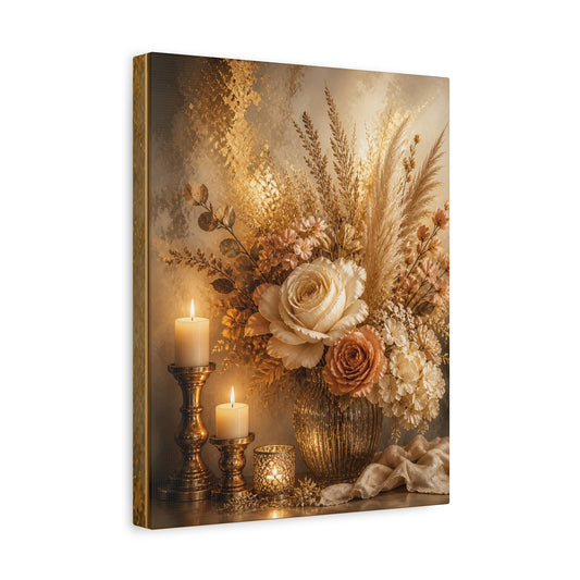Vintage Floral Bouquet Matte Canvas Wall Art — Rustic Roses & Candles Stretched Print