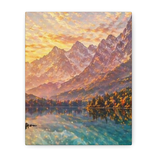 Sunset Mountain Lake Canvas Wall Art — Matte Stretched Landscape Print