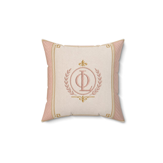 Elegant Monogram Throw Pillow — Pink & Gold Laurel Crest Decorative Pillow