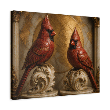 Cardinal Wall Art Canvas – Pair of Red Cardinals on Ornate Gold Pedestals