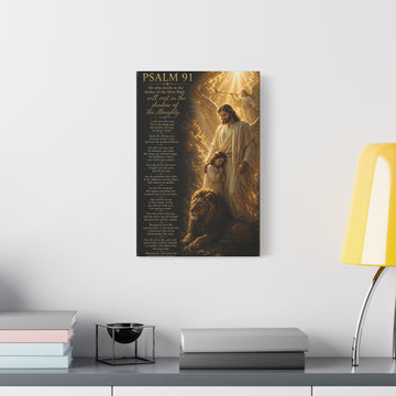 Psalm 91 Canvas Wall Art — Guardian Angel Jesus with Lion, Inspirational Scripture Print