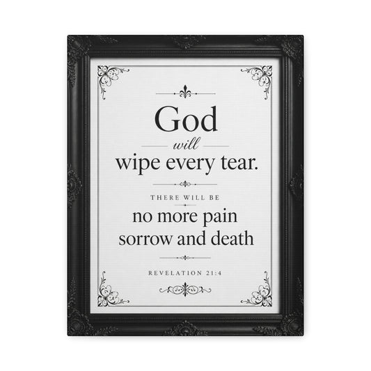 Religious Canvas Wall Art — “God Will Wipe Every Tear” Inspirational Scripture Print (Revelation 21:4)