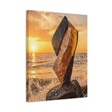Seascape Bronze Sculpture Matte Canvas Print — Golden Sunset Coastal Wall Art