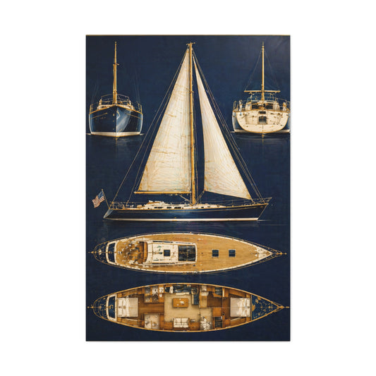 Nautical Sailboat Blueprint Canvas Wall Art — Stretched Matte Maritime Print