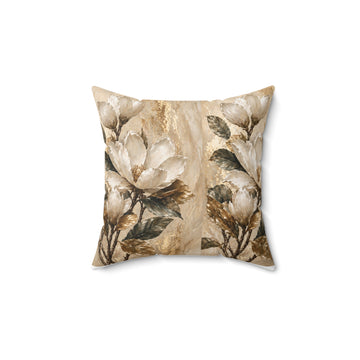 Neutral Magnolia Floral Decorative Pillow — Rustic Beige Square Throw Pillow