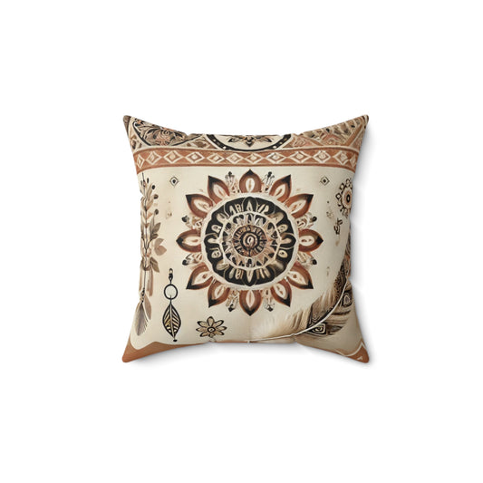 Boho Mandala Square Pillow – Neutral Dreamcatcher Decorative Accent