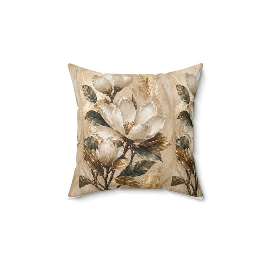 Neutral Magnolia Floral Decorative Pillow — Rustic Beige Square Throw Pillow